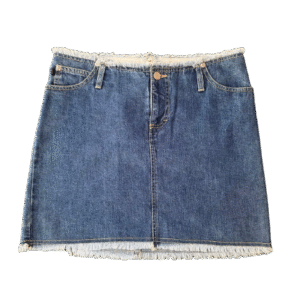 Mini blue denim skirt with fringe